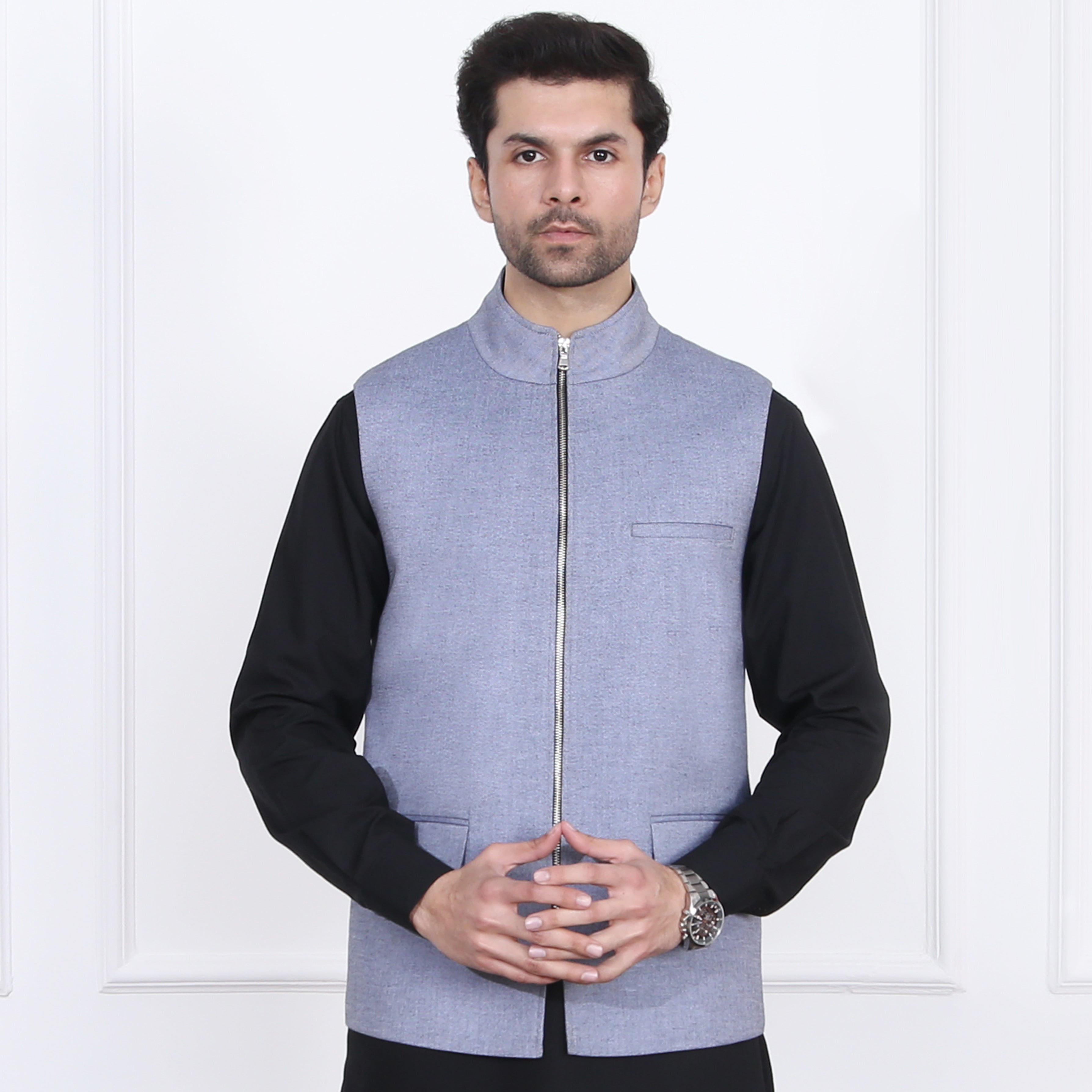 GREY BLUE ZIPER WAIST COAT