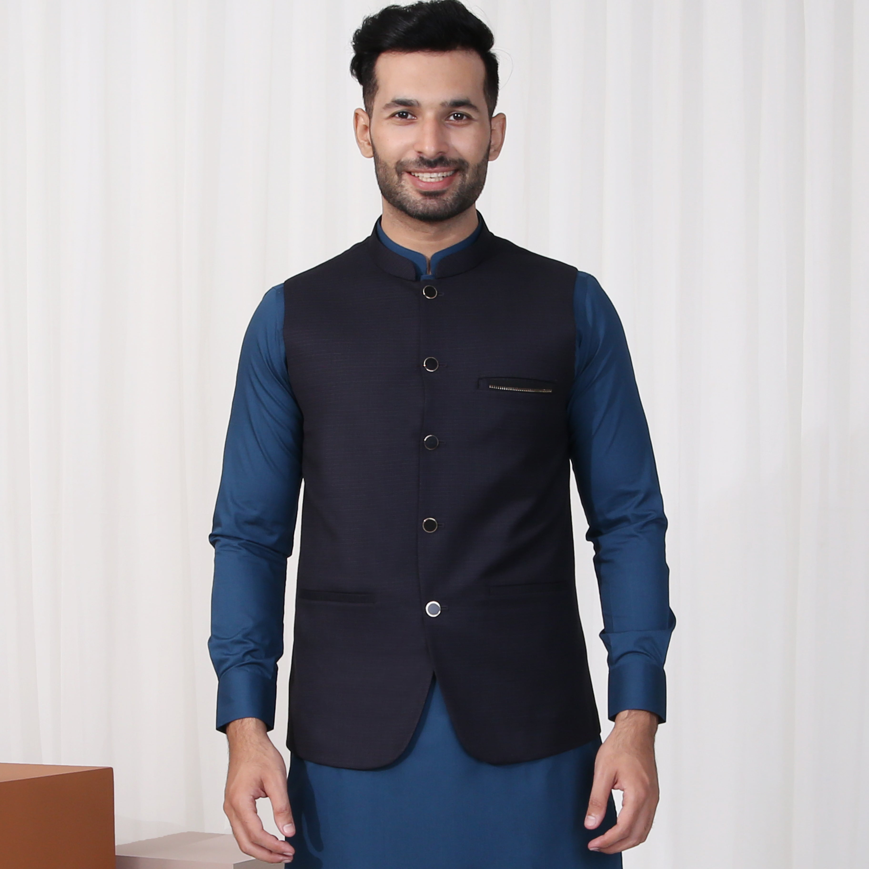 Buy online Navy Blue Printed Silk Blend Kurta Pant Set With Red Solid Nehru  Jacket from Clothing for Men by Hangup for ₹2649 at 64% off | 2024  Limeroad.com
