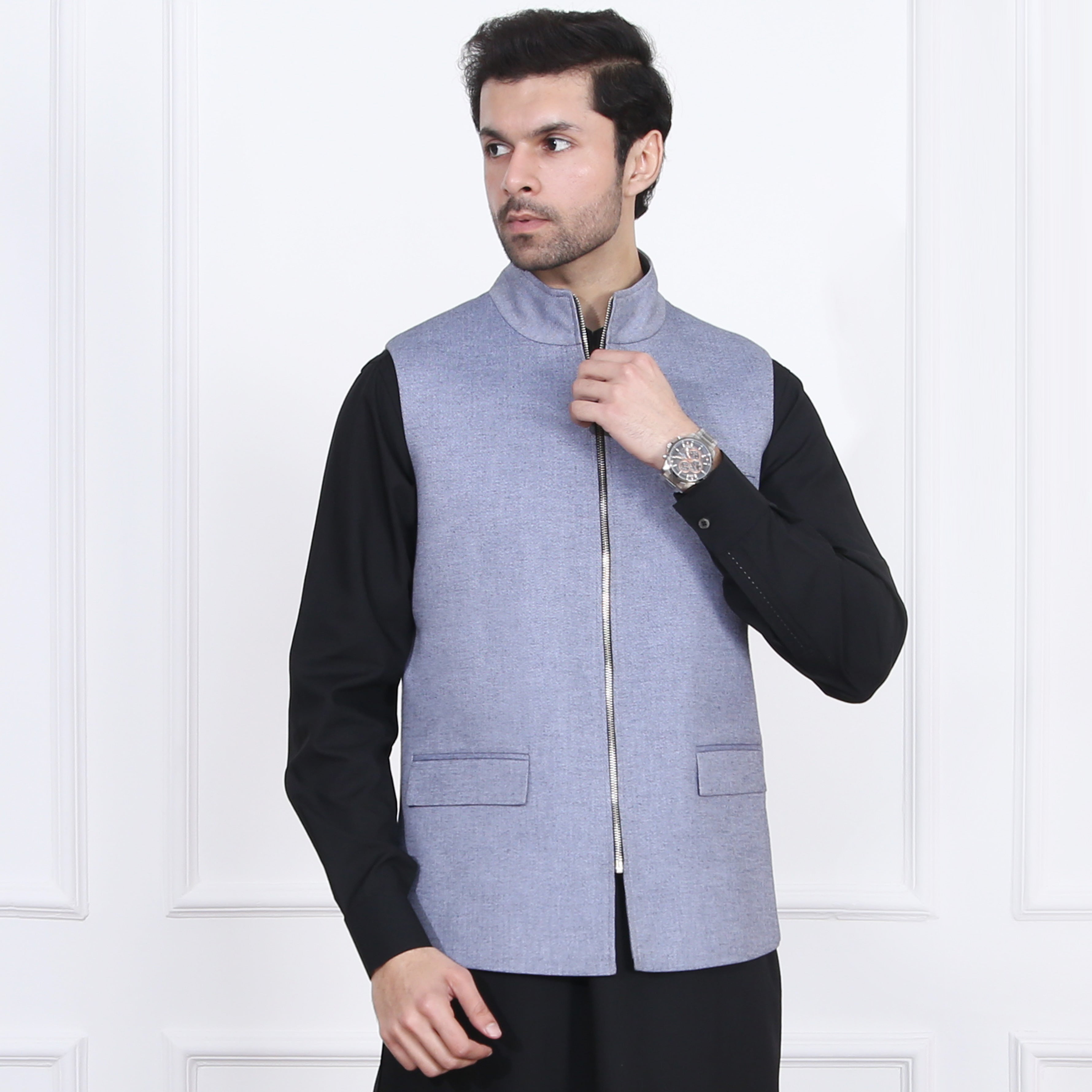 GREY BLUE ZIPER WAIST COAT