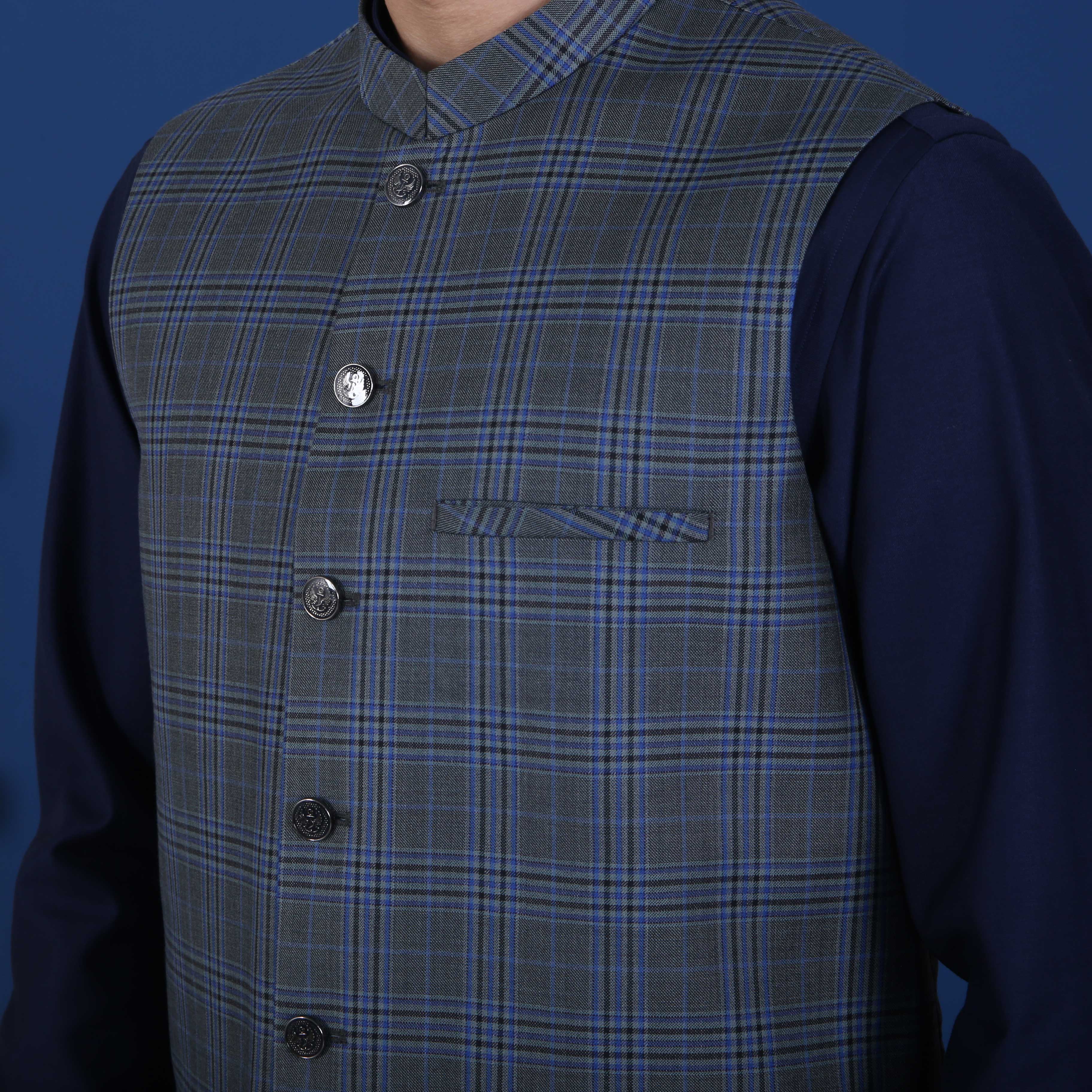 GREYISH BLUE CHECK ITALIAN WAIST COAT(ART256)